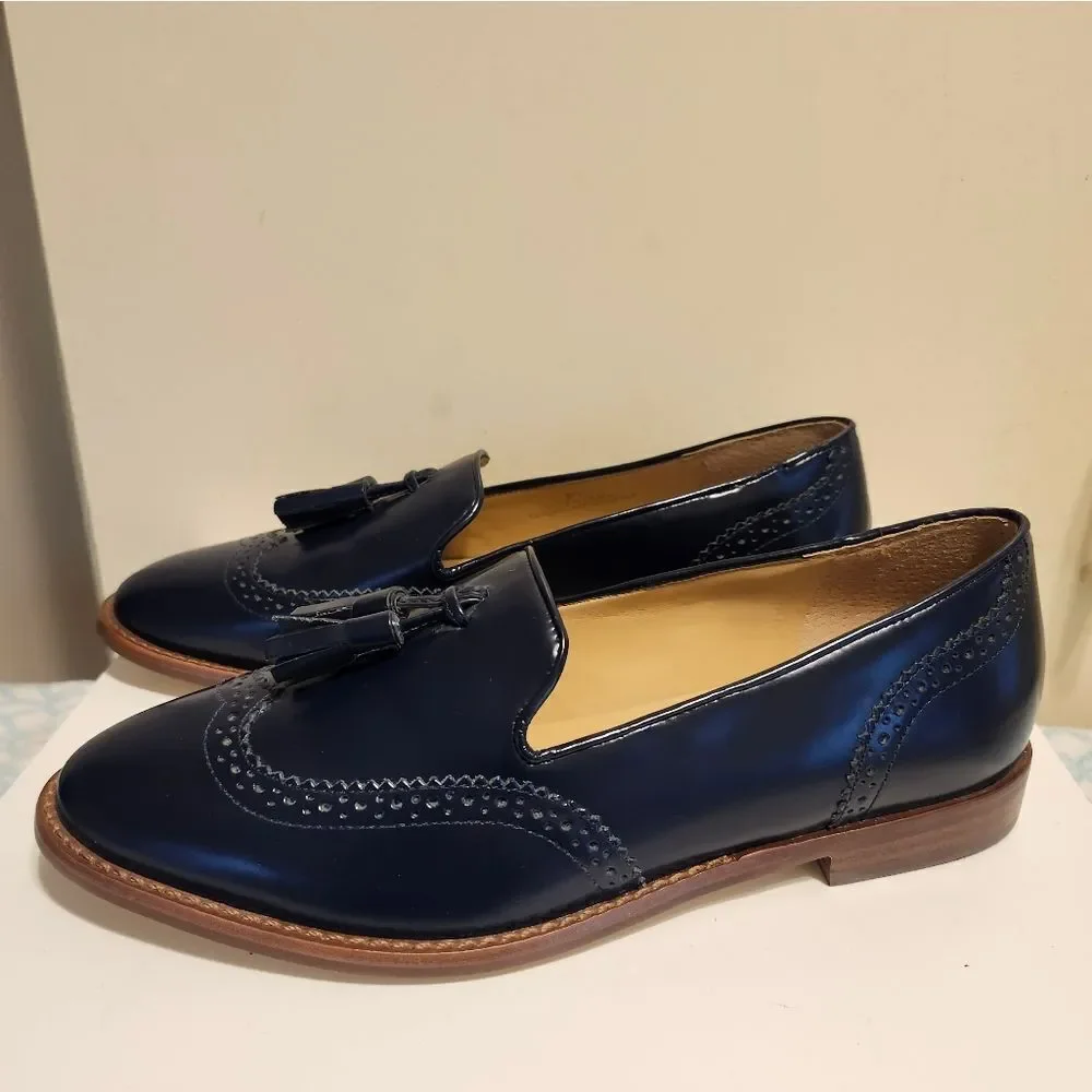 NWT Talbots Leighton Blue Polished Leather Tassel Brogue Loafers Sz.6.5 Ret $139 - Picture 1 of 9
